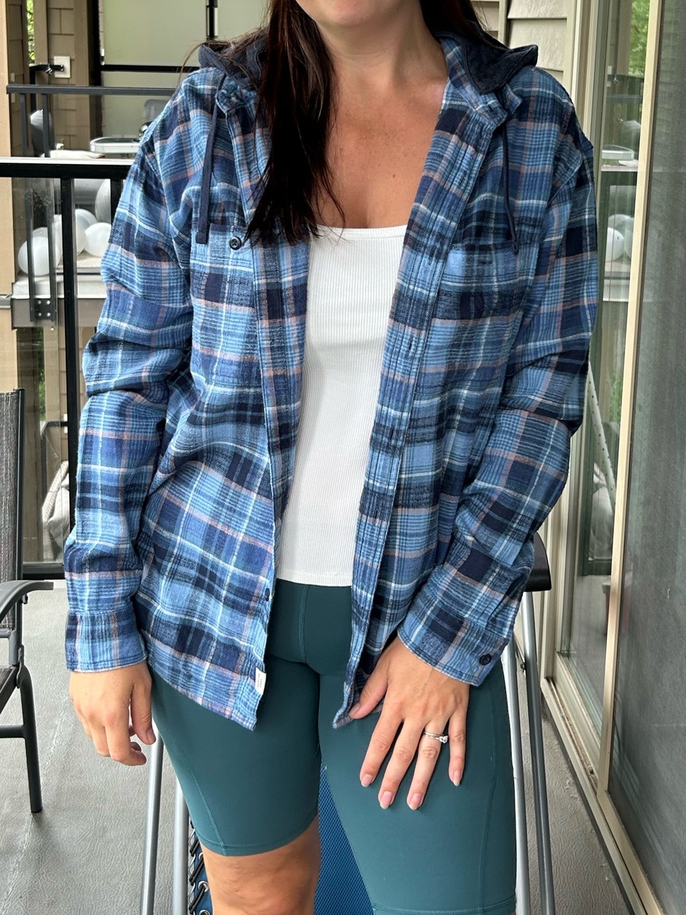 American Eagle Outfitters Blue Plaid Hooded Button-Down Shirt